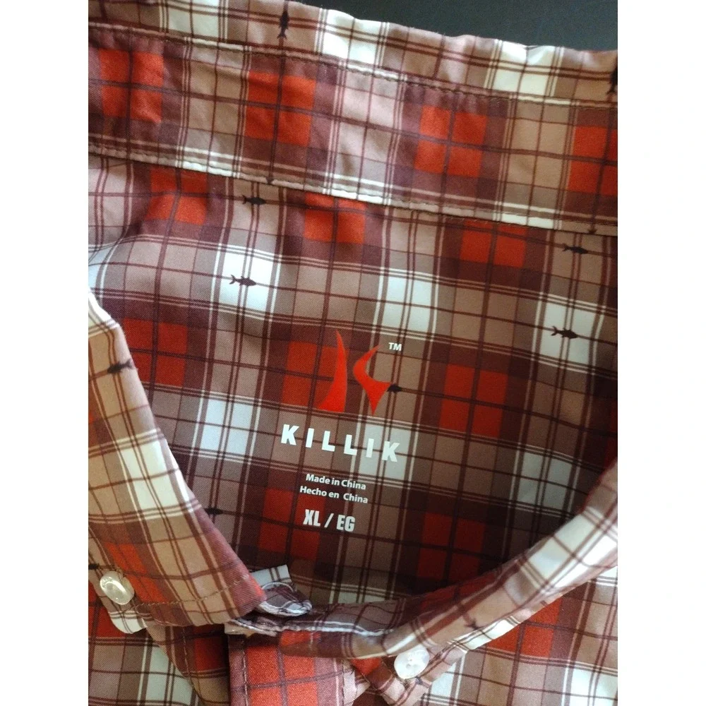 Killik Mens XL Red‎ Plaid Fish Print Short Sleeve Ventilated Fishing Shirt